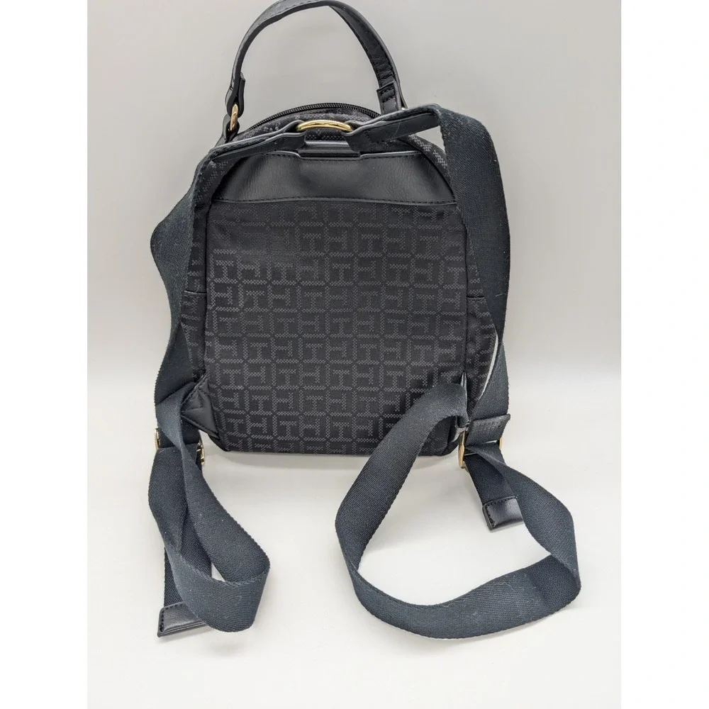 Tommy Hilfiger‎ Women's Black Monogram Jacquard Mini Backpack Gold Logo Stripe
